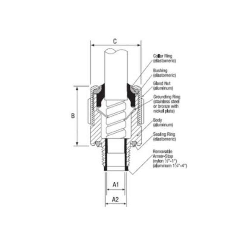 T&B® Fittings Star Teck Extreme® STE075S Cable Connector, 3/4 in Trade, 0.86 to 1.25 in Cable Openings, Steel, Zinc Plated